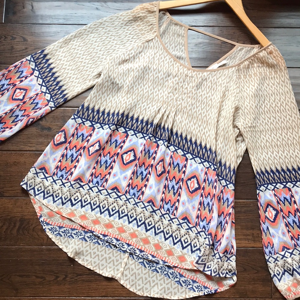 Blu Pepper Multicolor Printed Boho Blouse - Cream, Blue, Coral